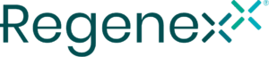 The image displays the Regenexx logo with the word "Regenexx" in teal letters, ending with two stylized "X" marks in gradient teal shades.