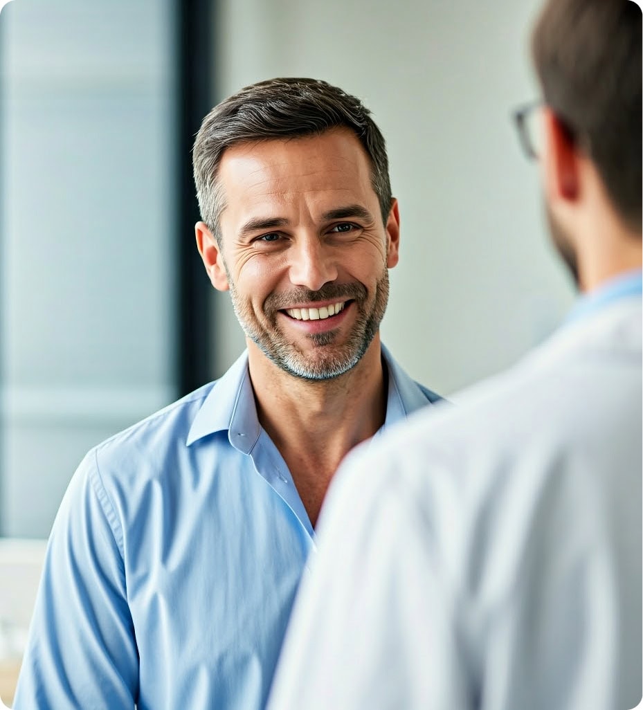 A man in a light blue shirt smiles while speaking with another person in a white coat, possibly a doctor, in a bright indoor setting.